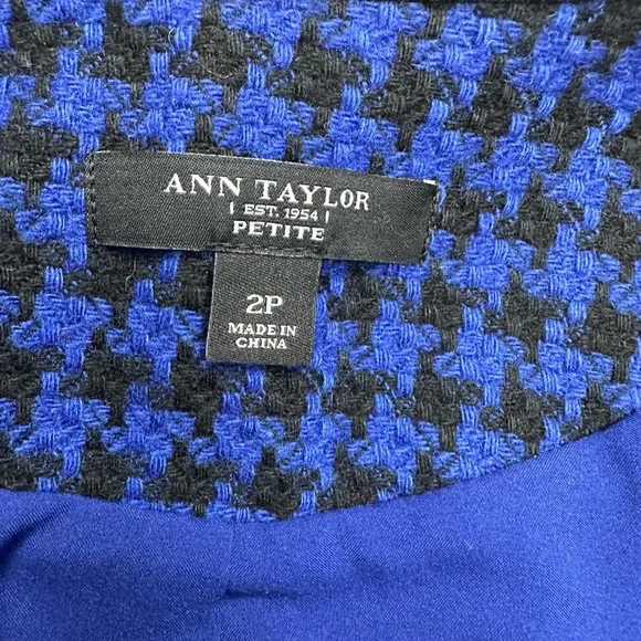 Ann Taylor Women's 2P Petite Blazer Blue Black Houndstooth Cotton Wool LS - Picture 8 of 13